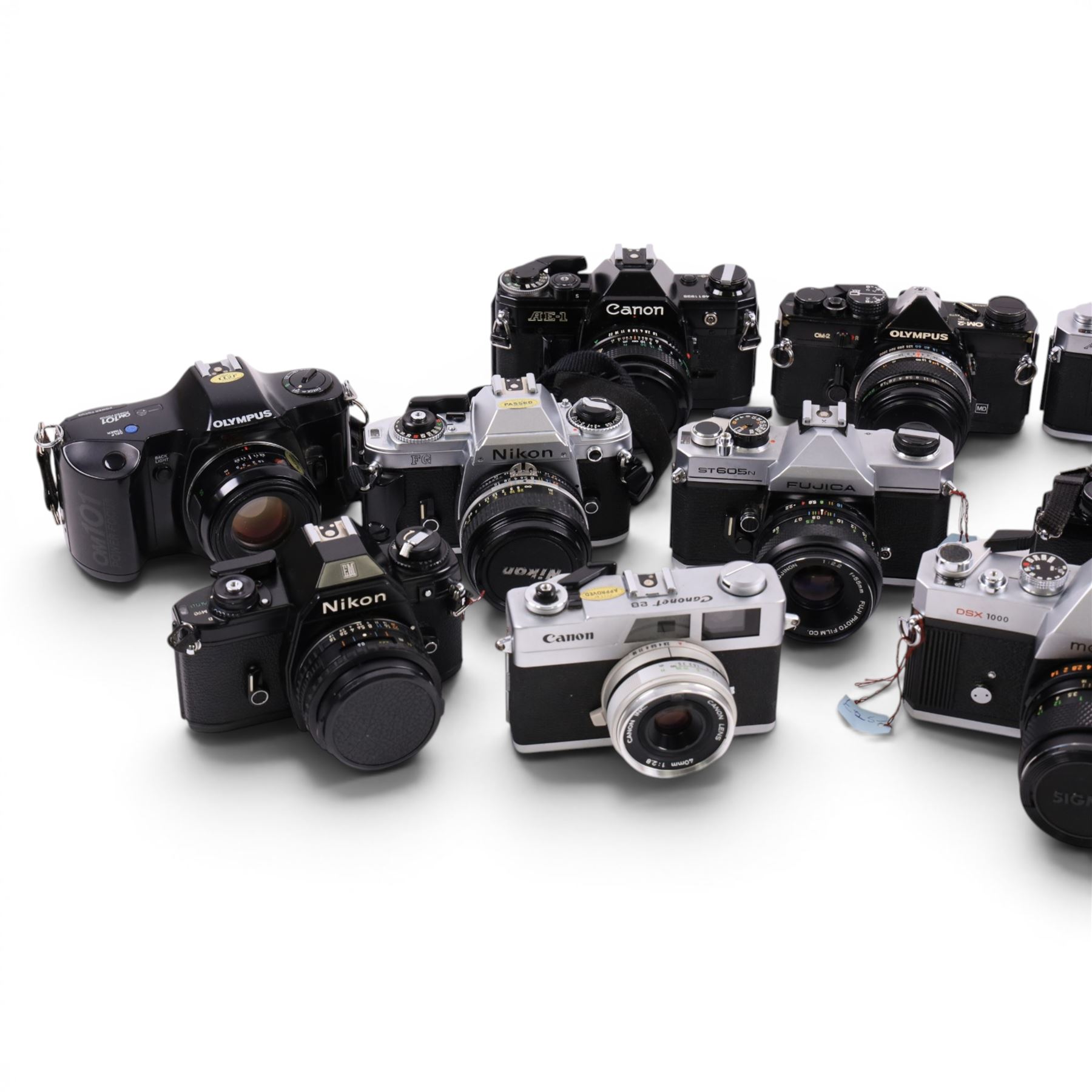 Collection of cameras, Nikon EM, Fujica ST605, Olymous OM2, etc