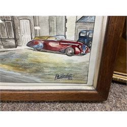 After P E Marshal (British 20th century), Car Outside Inn, water colour signed and dated; after Richard Britton (British) 'Mischief Makers' (golden labradors), colour print, together with three colour prints of dogs and embossed decorative bear scene (6) 