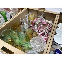 Large collection of glassware to include carnival glass, art glass paperweight, coloured glass, uranium glass, together with three covered steines, ceramic decanters etc, in four boxes 
