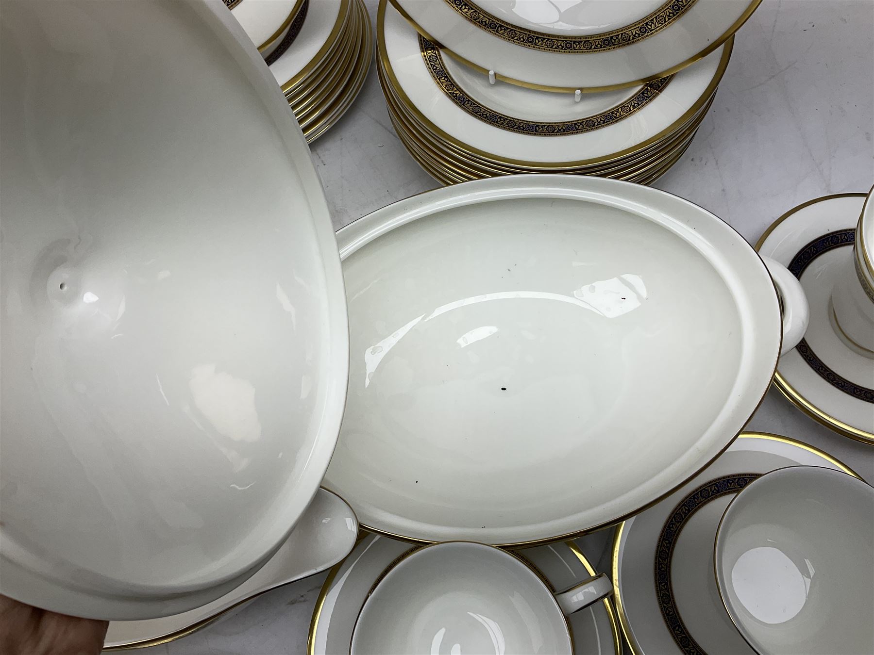 Royal Doulton Harlow pattern tea and dinner service for ten, consisting tea pot, coffee pot, milk jug, open sucrier, cups and saucers, dessert plates, dinner plates, soup bowls, side plates, sauce boat, covered serving dishes, meat plate (67)