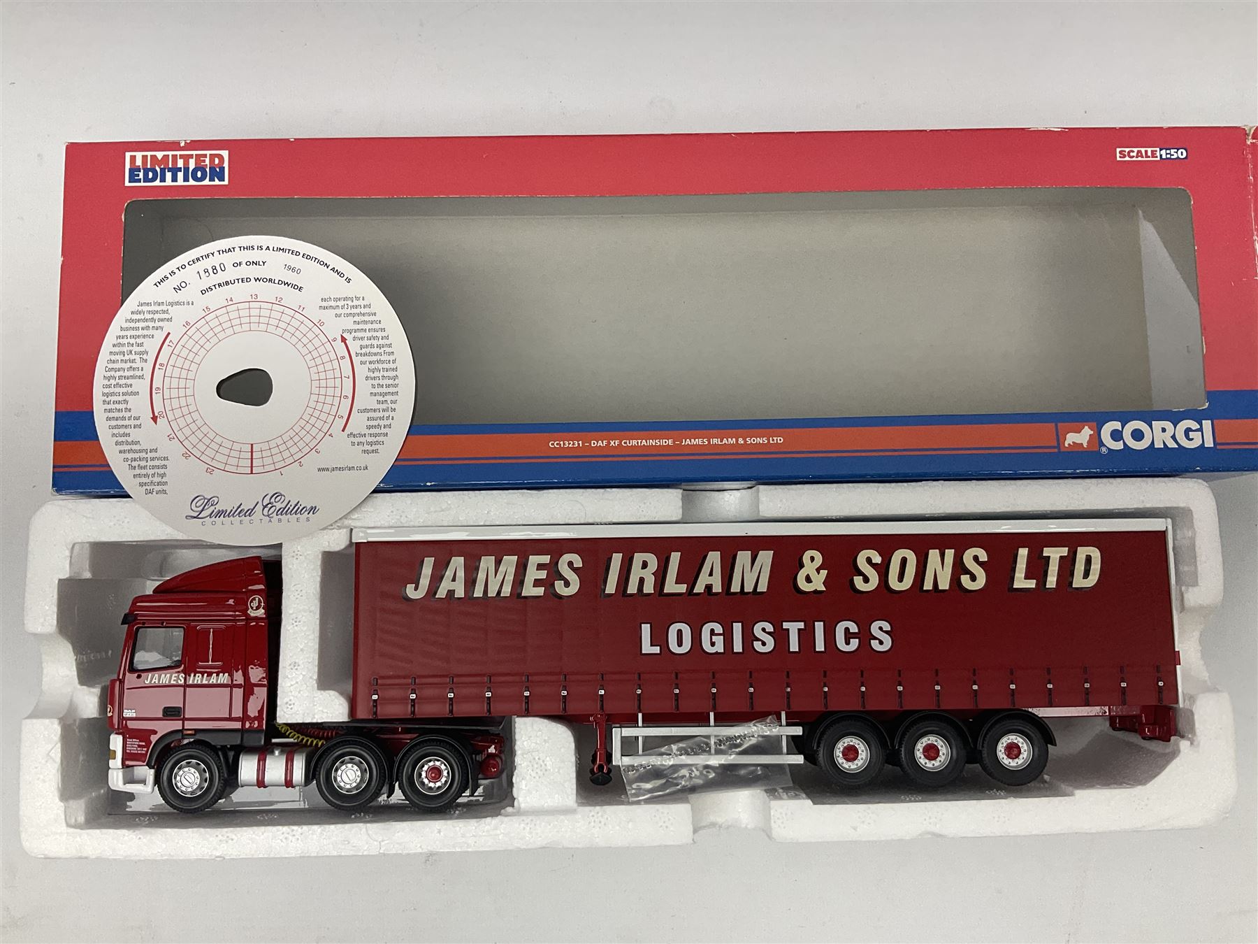 Corgi - three limited edition Hauliers of Renown lorries; CC13231 DAF XF Curtainside James Irlam & Sons Ltd; CC13420 MAN TGA Curtainside Woody's Express; and CC13603 DAF CF Curtainside Tyson H. H. Burridge Ltd; all boxed (3)