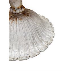 Coalbrookdale - pair of 19th century cast iron petal rim urns, squat form on square plinth, finished in distressed white paint, design registration number 133334, first registered 19 september 1860, number 19 in the Coalbrookdale Castings Catalogue (see illustration)