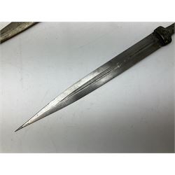 19th century Khanjali dagger, 33.5 cm double edged fullered blade with stamped makers marks, ornate cast grip, with engraved white metal scabbard, 46cm overall