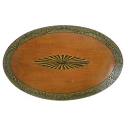 Edwardian satinwood side table, oval top hand painted with central fan motif and trailing flower heads, on square tapering supports terminating to out-splayed feet, united by moulded undertier 