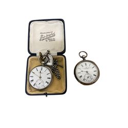 Two 19th century English silver open faced pocket watches with key wound lever escapements...