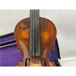 German trade violin c1900 the 36cm two-piece maple back impressed 'Stainer', maple ribs and spruce top, bears label 'Jacobis Stainer in Absam prope Oenipontum 17**' L59cm; in carrying case marked 'The Improved Dome' with bow