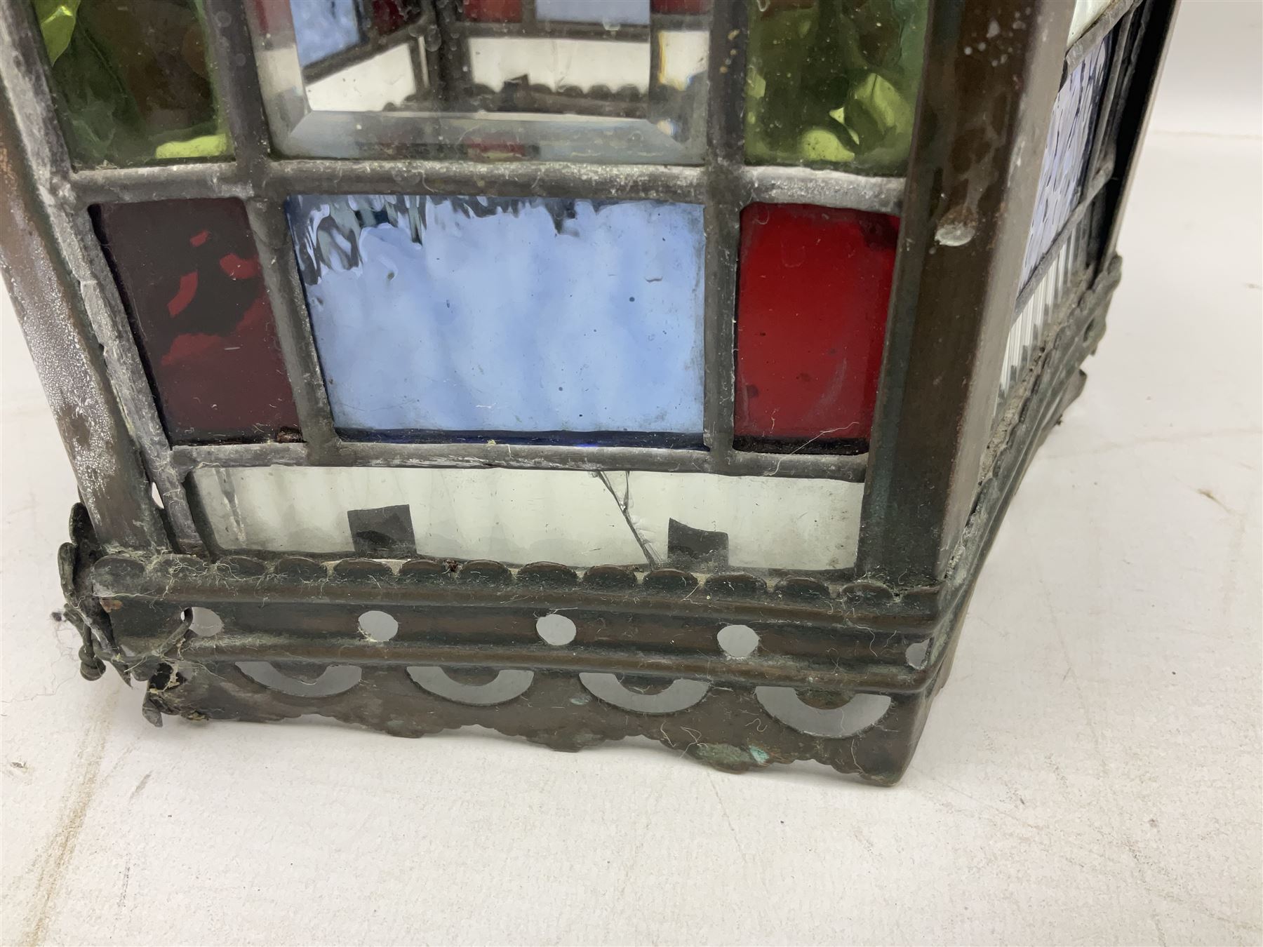 Victorian brass and stained leaded glass hall lantern, of hexagonal form, supported by four domed arms and pierced fret, H46cm W20cm
