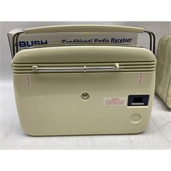 1950s Pye Type P43 cabinet radio in cream Bakelite case with orange knobs, W30cm H22cm D16cm, together with Ever Ready Sky Queen portable radio, Ekco portable radio in red case, Boxed Bush Special Edition 2002 Queens Golden Jubilee radio, Hacker Herald VHS radio (5)