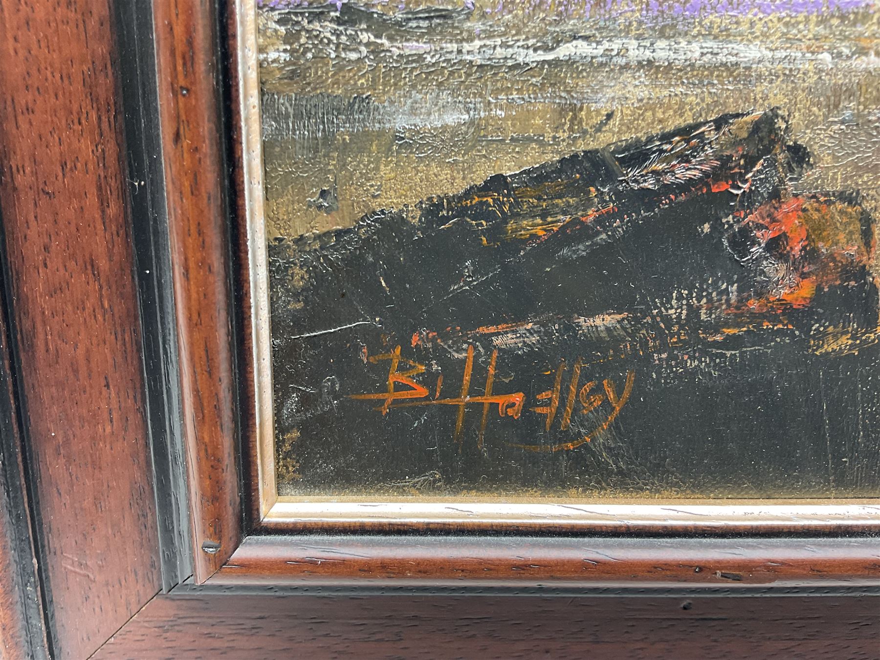 B Hadley? (British 20th century): Stormy Seas, oil on canvas indistinctly signed 50cm x 75cm 
Provenance: with the Penny Hedge Gallery Whitby, label verso