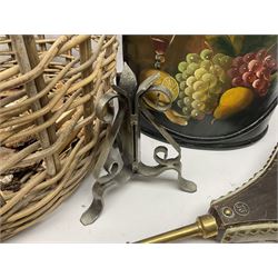Twin handled wicker basket, together with fireside tools etc