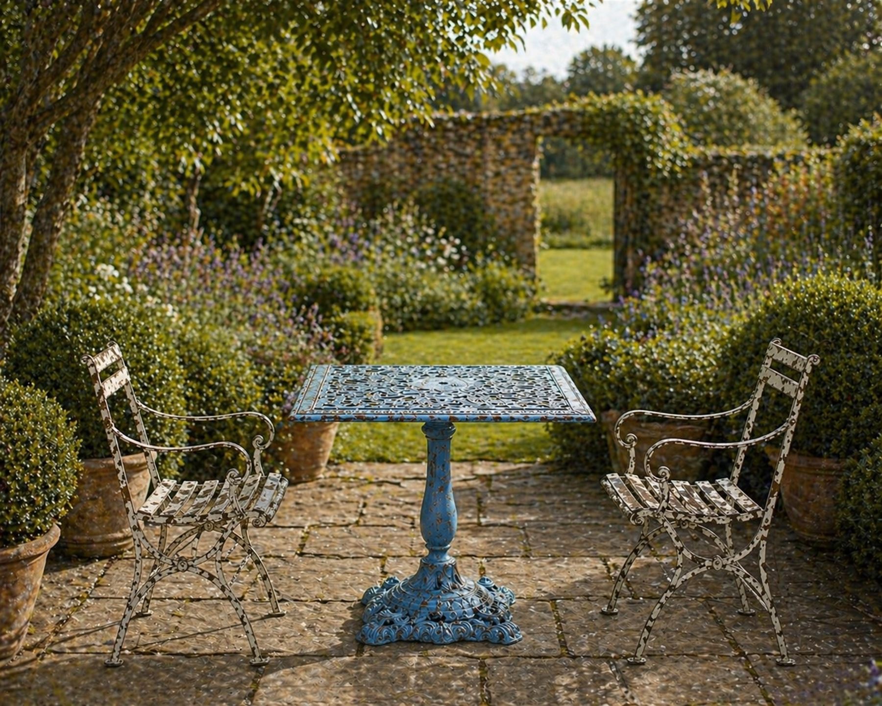 Victorian revival ornate cast iron garden table, pierced square top, pedestal base, finished in distressed blue paint