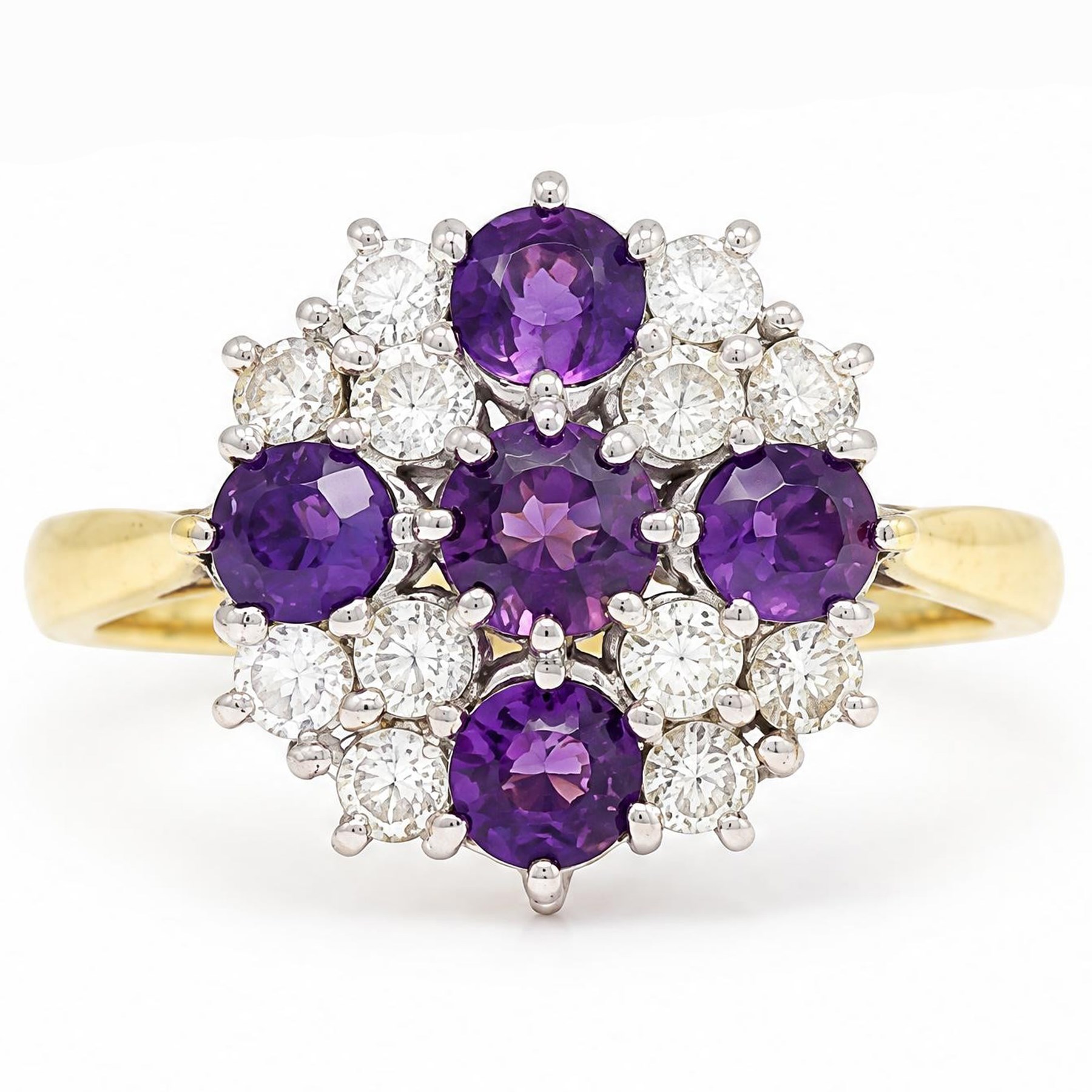 18ct gold amethyst and diamond cluster ring, five round cut amethysts, spaced by twelve round brilliant cut diamonds, London 1979, total diamonds 0.67 carat