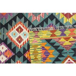 Maimana Kilim rug in shades of green, decorated with stepped lozenges 