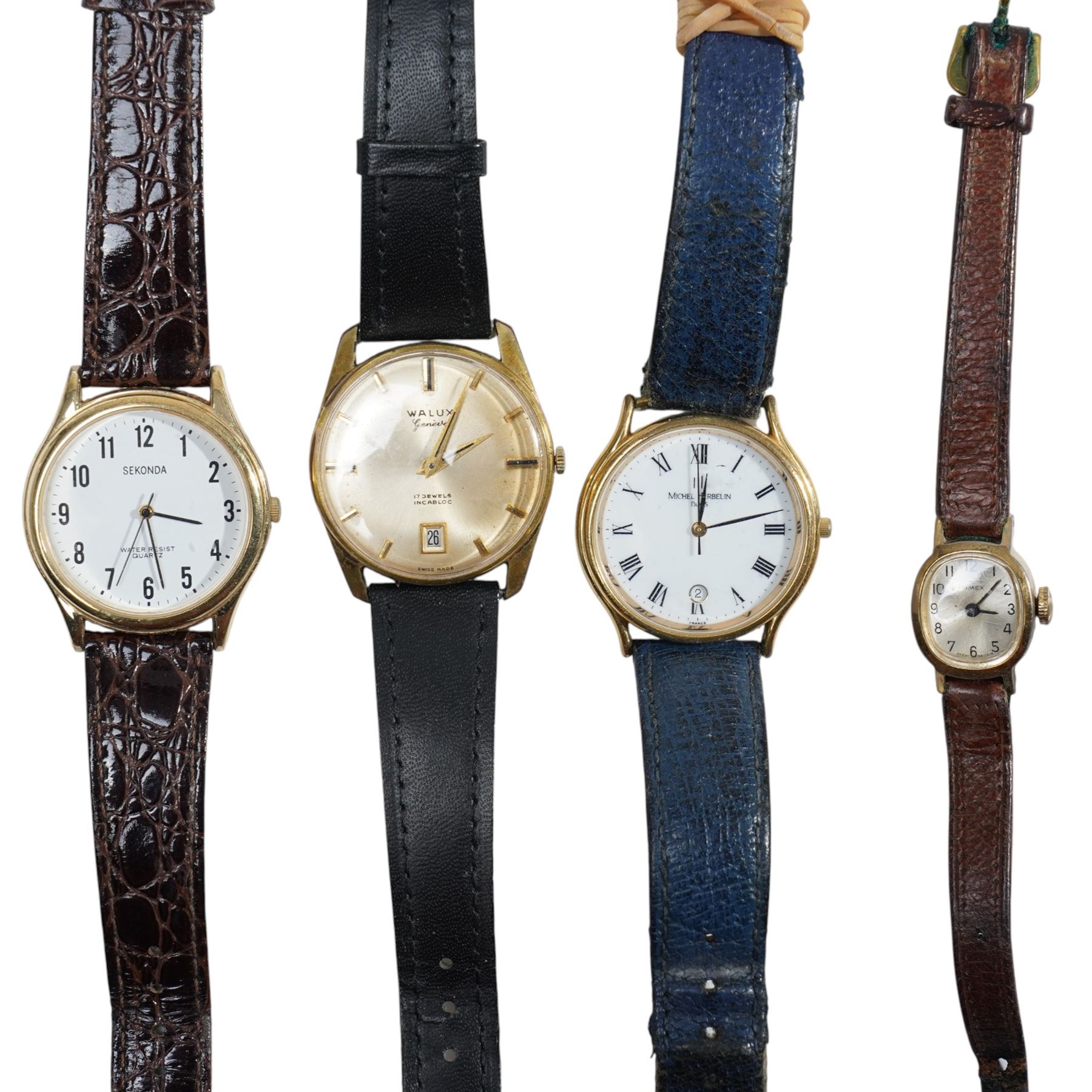 9ct gold stone set brooches, 9ct gold wristwatch, three pence coin bracelet with a French gold filled Virgin Mary medallion, Stratton marcasite set compact, gilt propelling pencil, various wrist watches, Standard U.S.A pocket watch etc 