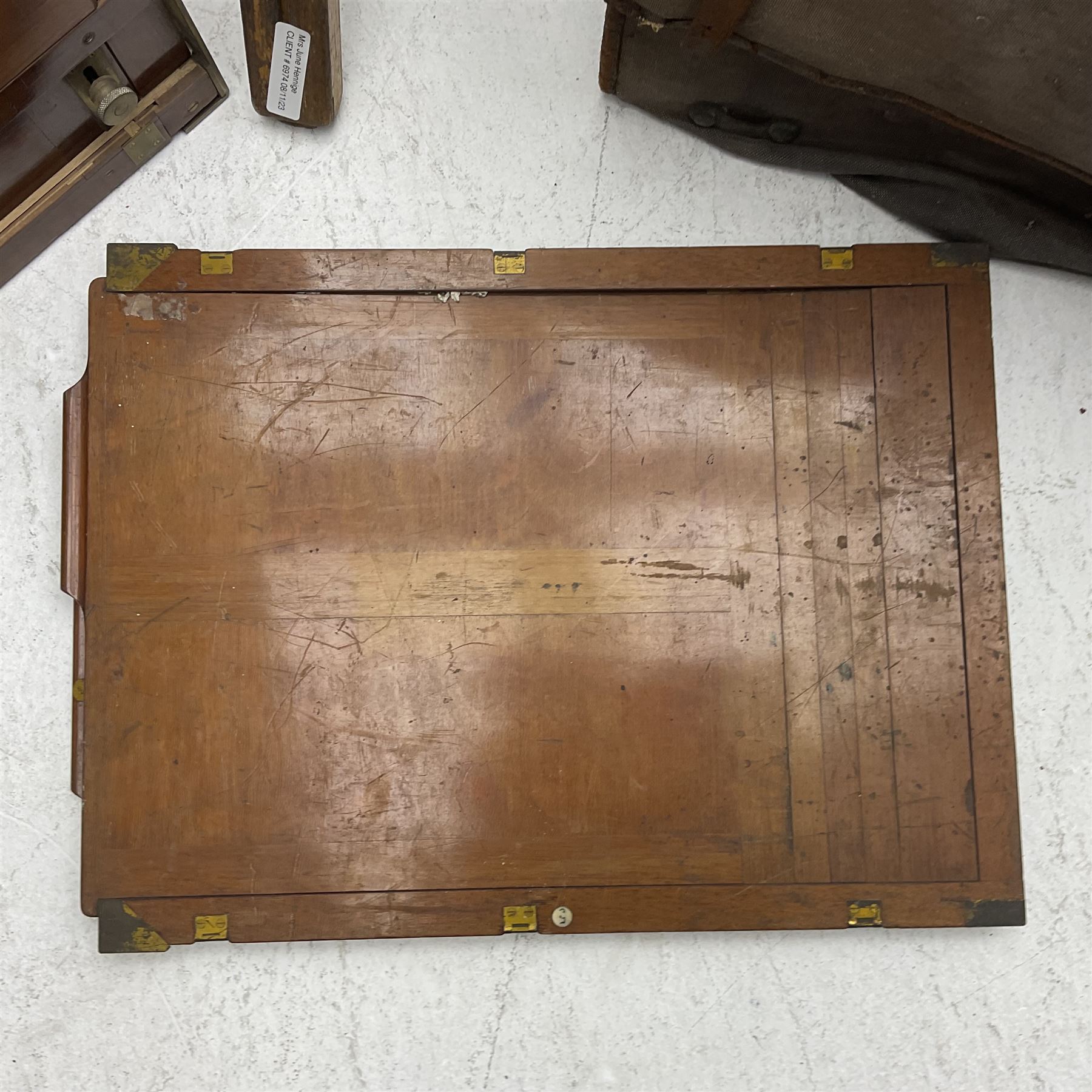 Kieser & Pfeufer folding mahogany and brass full plate camera, with adjustable wooden tripod