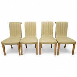 In the manner of Harry & Lou Epstein - Art Deco figured walnut veneered dining table, rectangular top with canted corners and glass protective top, edge with gently canted profile, on two rounded drum-shaped pedestals together with a set of four mid-century style walnut chairs, with elegant scroll and walnut veneered backs, upholstered in a light cream leather, 54x44x96cm