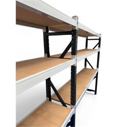 Two bays of Constructor warehouse racking with MDF boards