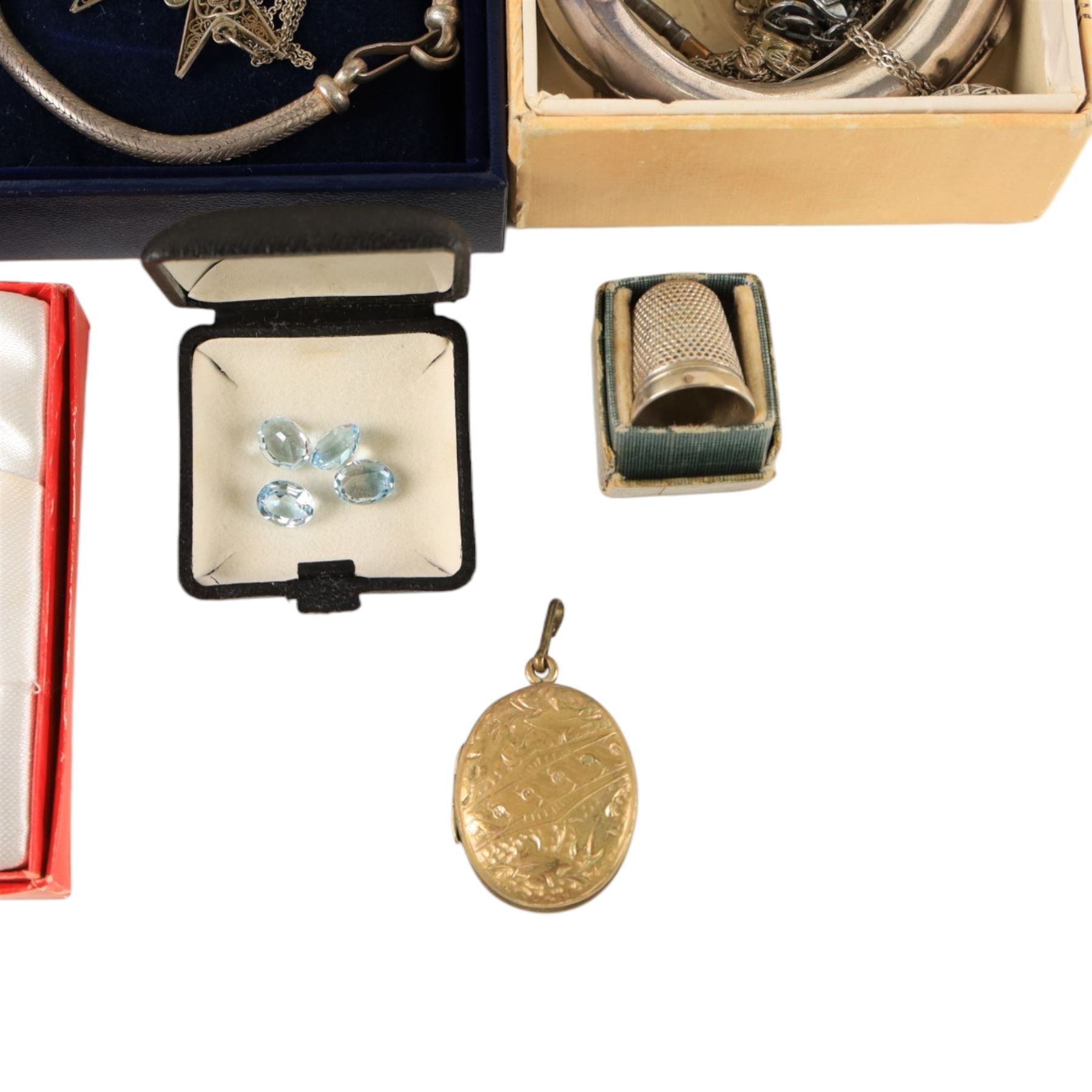 Silver jewellery, including bangles, heart locket, fob, silver thimble, costume jewellery and four loose stones