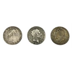 Two George III 1820 crown coins and a George IIII 1821 crown coin (3)