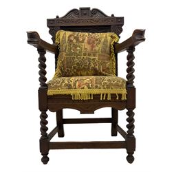 19th century carved oak Gainsborough style chair, barley twist detail, upholstered seat with loose cushion