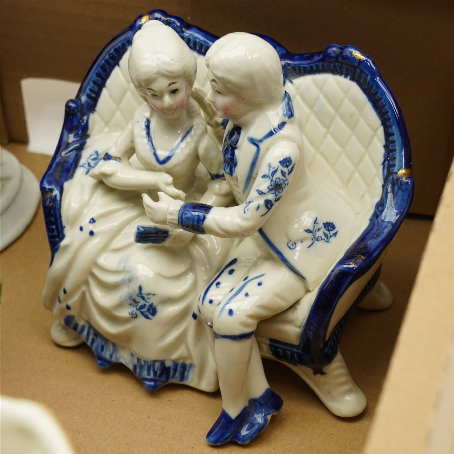 Pair of Staffordshire spaniel ornaments, Red Riding Hood spill vase, pair of Japanese vases and other items in two boxes