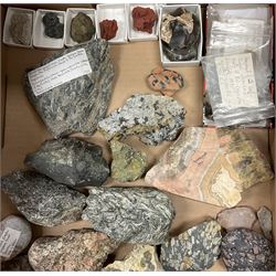 A collection of rocks and minerals, to include Basalt, Flint, and other examples, together with various porcelain and pottery fragments. 