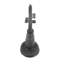 19th century Irish carved bog oak model of a harp, detailed with fluting, diamond cuts and shamrocks, upon a turned circular base, H29cm
