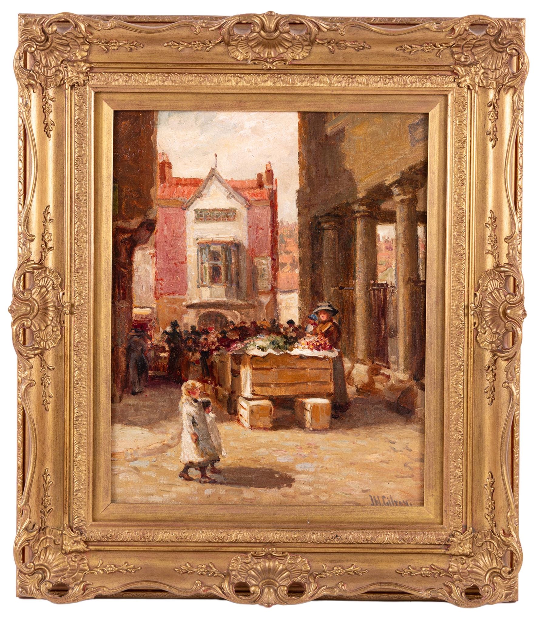 John William Gilroy (Newcastle 1868-1944): Two Sisters Exploring Whitby Market, oil on canvas laid on to board signed 38cm x 31cm