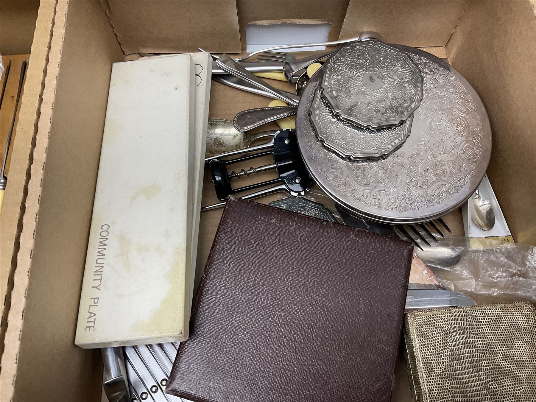 Set of four hallmarked silver teaspoons modelled on spoons from the Roman Imperial period, silver fork, and quantity of silver plated and other cutlery to include Walker & Hall, in two boxes