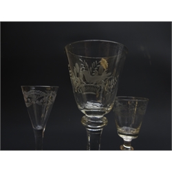  Georgian wine glass, bucket shaped bowl engraved with a bird and flower display on double knopped stem and folded domed foot, H15cm and two other Georgian wine glasses with engraved bowls (3)  