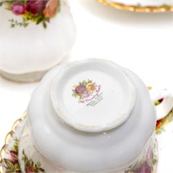 Royal Albert Old Country Roses tea and dinner ware comprising six dinner plates, five dessert bowls, sauce boat and stand, four breakfast cups and saucers, three tea cups and four saucers, six tea plates, milk jug, sugar bowl and bread and butter plate