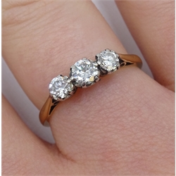 Gold three stone diamond ring, stamped 18ct & Plat, total diamond weight approx 0.33 carat