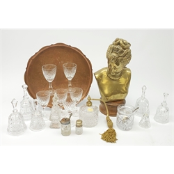 Early WMF copper tray (ostrich mark) of circular form with crinkle rim and Art Nouveau style decoration of fruiting vines D32cm; cast brass bust of a classical style female H37cm; and a quantity of glassware including silver mounted cut glass smelling salts bottle