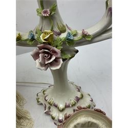 Jaffe Rose figural ceramic table lamp, modelled as two putti climbing a column with gilded cloth, together with a Capodimonte floral two light table lamp and a collection of lamp shades