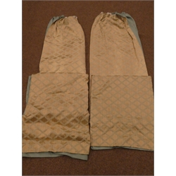  Two pairs of gold and blue patterned thermal lined curtains (W116cm, D270cm and W300cm, D220cm), with matching pelmet (W340cm) and bed spread with headboard and two cushions  