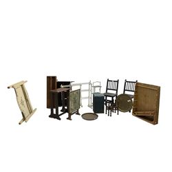 Two white painted towel rails, pair early 20th century chairs with leather seats, pine wall shelf, wicker linen bin, folding cake stand, folding Benares table with two metal tops, wall hanging shelf, a pine wall hanging shelf, oak occasional table and a pair of 3' single bed heads with painted decoration (16)