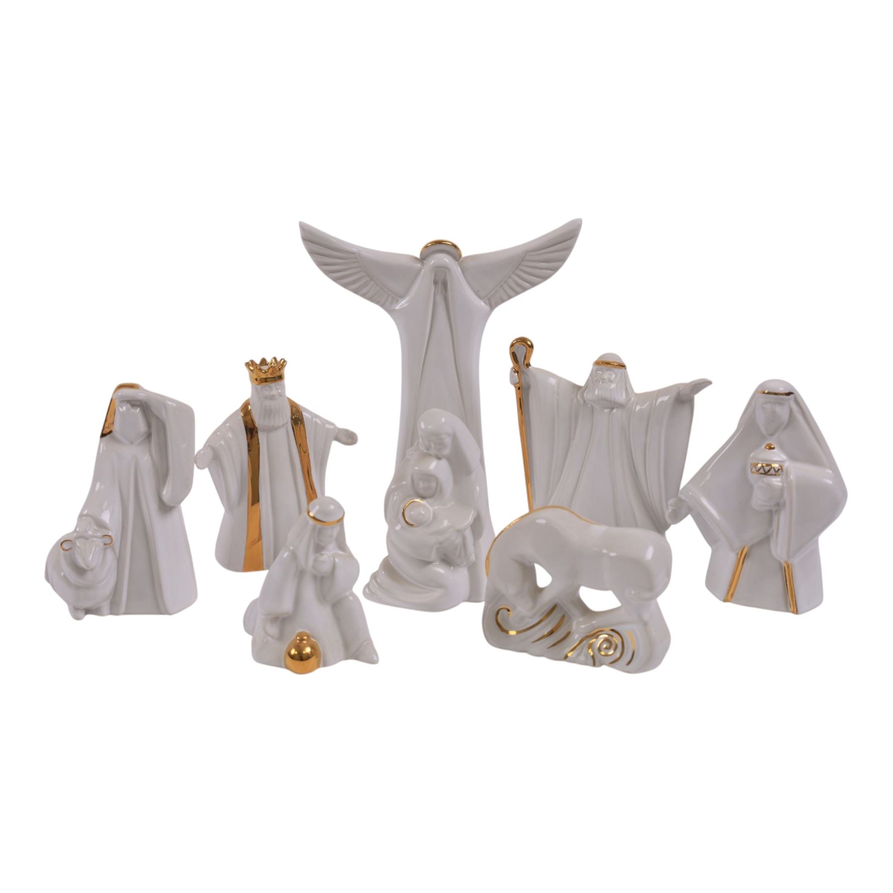 Eight Wade Nativity figures, including three kings, two shepherds, donkey, Angel Gabriel, Mary and Jesus