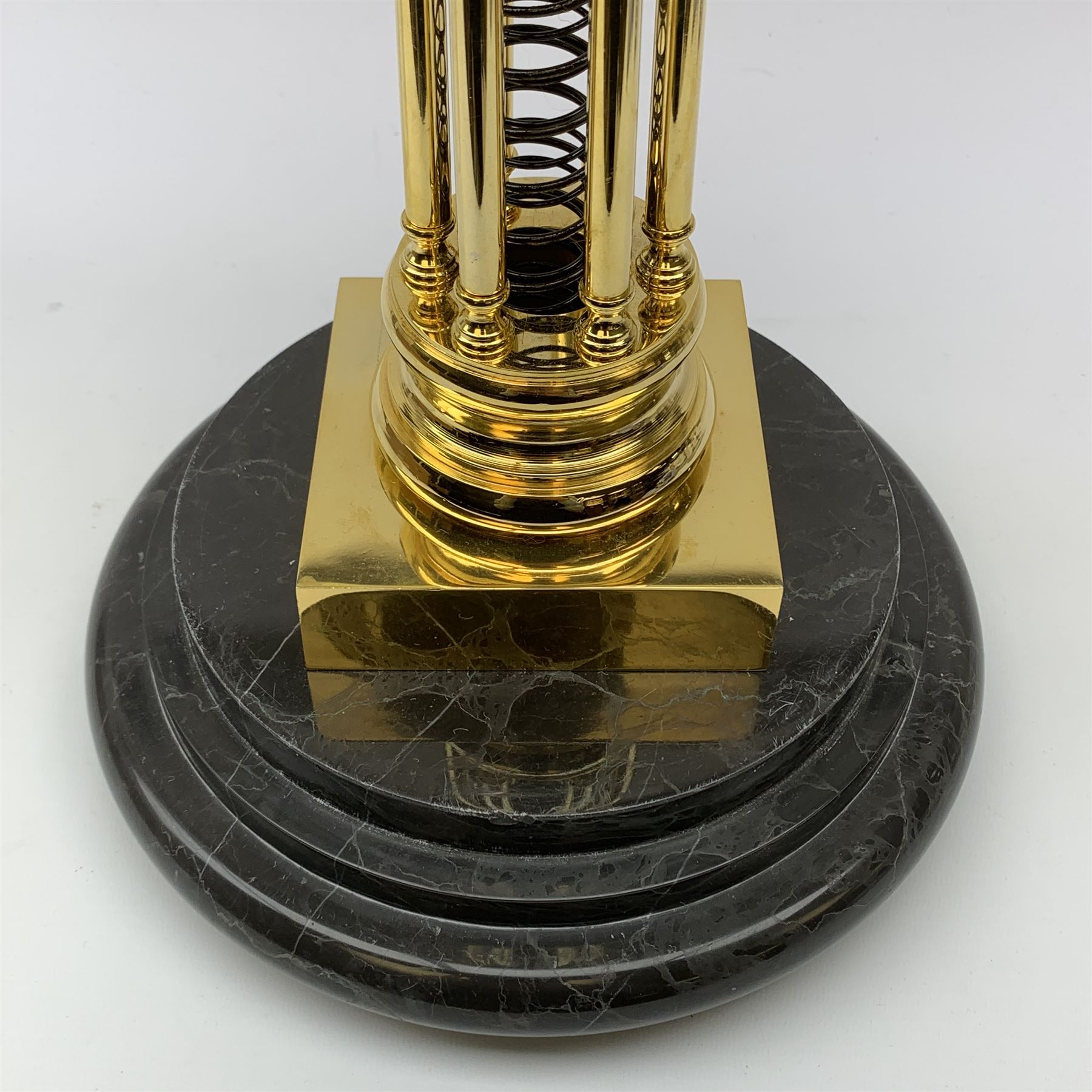 After William Smith of Musselburgh - Contemporary brass skeleton clock, circular enamel Arabic chapter ring signed 'Wm Smith, Musselburgh Maker & Inventor', spring driven fusee movement, on stepped circular black marble base and under glass dome, H60cm (including dome) 