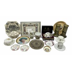 Commemorative ware to include Sampson Bridgwood Queen Victoria 1897 Jubilee teapot for Harrods, Poole limited edition Charles and Diana plaque, Regent China Edward VII moustache cup and saucer, pair of Aynsley Prince William birth mini loving cups, Pair Robert Burns Ridgways vases c1910 and other commemorative ceramics in one box