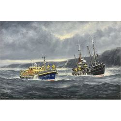 Jack Rigg (British 1927-2023): 'Longhope' Lifeboat TGB Assisting a Trawler, oil on board signed and dated 2004, 50cm x 75cm 
Notes: on March 17th 1969, on a mission to aid the Liberian ship Irene in the Pentland Firth, all eight of the lifeboat's crew were lost. The loss of TGB led to the development of self-righting lifeboats in the 1970s.