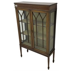 Edwardian inlaid mahogany display cabinet, lined interior fitted with two shelves enclosed by astragal glazed doors, on square tapering supports with spade feet