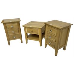 Pair of small light oak bedside chests (W38cm, H55cm, D32cm); together with a single light oak bedside or lamp table (W45cm, H46cm, D45cm)
