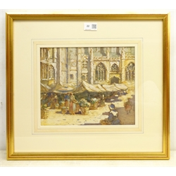  Lionel Townsend Crawshaw (Staithes Group 1864-1949): Market by Rouen Cathedral, watercolour signed 23cm x 28cm  