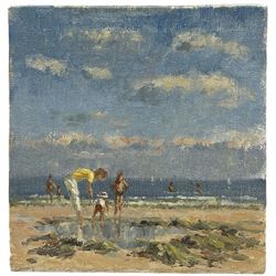 William Burns (British 1923-2010): 'Rockpooling' Scarborough, oil on canvas laid on to board unsigned, titled verso 16cm x 15.5cm 
Provenance: direct from family of artist. Born in Sheffield in 1923, William Burns RIBA FSAI FRSA studied at the Sheffield College of Art, before the outbreak of the Second World War during which he helped illustrate the official War Diaries for the North Africa Campaign, and was elected a member of the Armed Forces Art Society. On his return to England, he studied architecture at Sheffield University and later ran his own successful practice, being a member of the Royal Institute of British Architects. However, painting had always been his self-confessed 'first love', and in the 1970s he gave up architecture to become a full-time artist, having his first one-man exhibition in 1979.