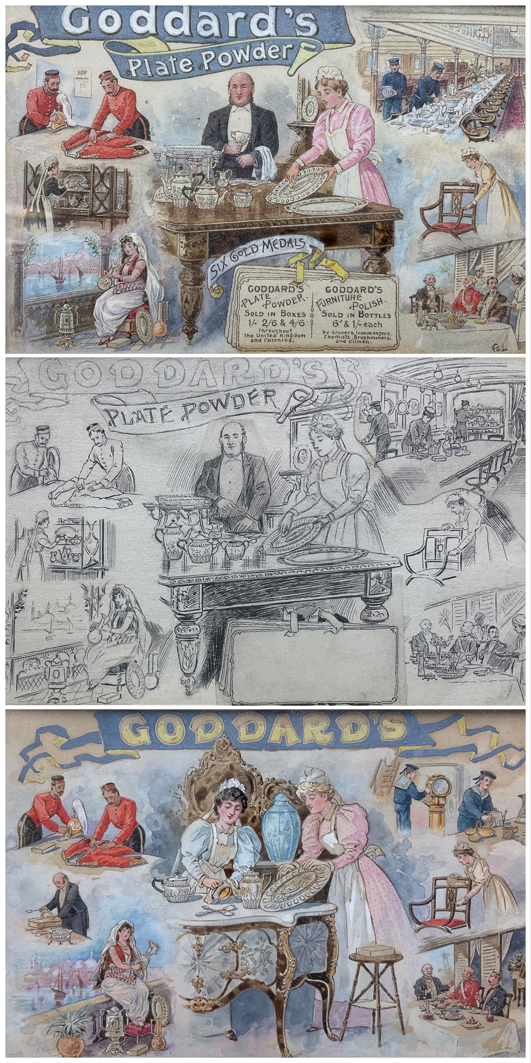 Frederick George Lewin (British 1861-1933): Goddard's Plate Powder Advertisement, three pencil and watercolour sketches framed as one signed with monogram each 13cm x 21cm 
