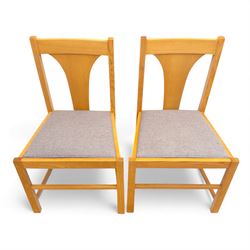 Habitat - contemporary light oak dining table, rectangular veneered top, with mitred border veneer over square section legs, with six beech upholstered chairs in grey fabric, open back with central splat, raised on square section legs, W52xD44xH88cm