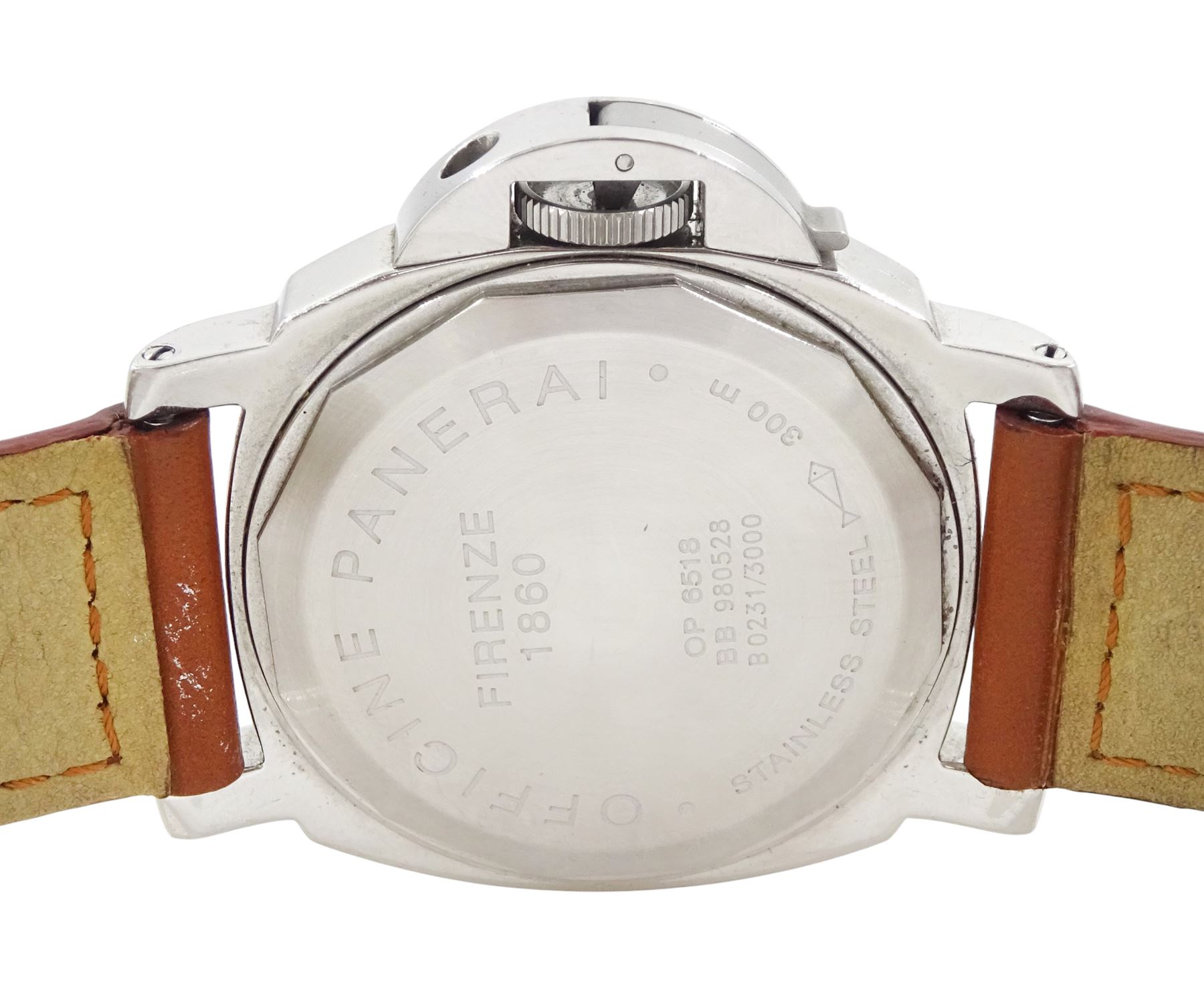 Panerai Luminor Marina gentleman's stainless steel manual wind wristwatch, Ref. OP 6518, limited edition No. 0213/3000, black dial with luminous Arabic and baton hour markers and subsidiary seconds dial at 9 o'clock, on original tan leather strap with addition brown leather strap, boxed with guarantee card dated 2000