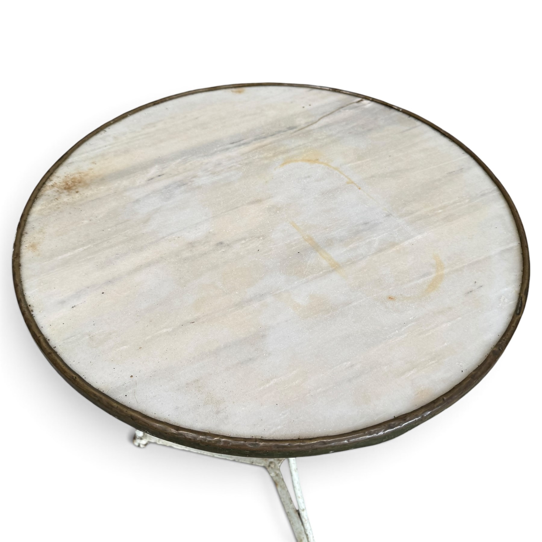 19th century French Arras design garden or bistro table, circular marble top with copper edge, raised on wrought iron triform base, in white painted finish