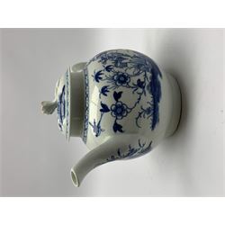 18th Century Worcester teapot, circa 1765-70, decorated in the Bird in the ring pattern, the cover with bud finial, with crescent mark beneath, H13cm, together with a Worcester coffee cup decorated in the same pattern, with crescent mark beneath, H6.5cm