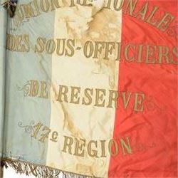 French Reserve of Non-commissioned officers association banner, in blue red and white silk with inscription 'Union Regional Des Sous-Officers De Reserve 17e Region' with bullion fringe borders, wood and brass pole with spearhead finial, L210cm
